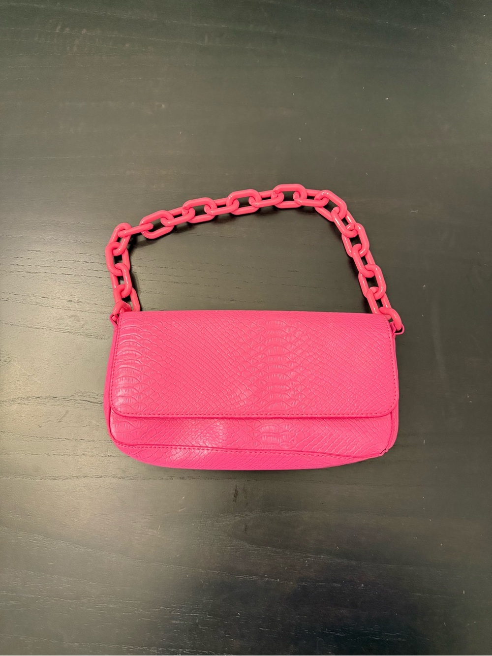 Hot Pink Faux Snakeskin Chain Shoulder Bag Baguette Purse